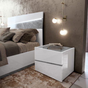 ιταλικό κρεβάτι λευκό με φινίρισμα μαρμάρου και φωτισμό