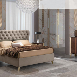 Luxury ιταλικό υφασμάτινο κρεβάτι με καπιτονέ πλάτη και χρυσά πόδια σε γήινη απόχρωση